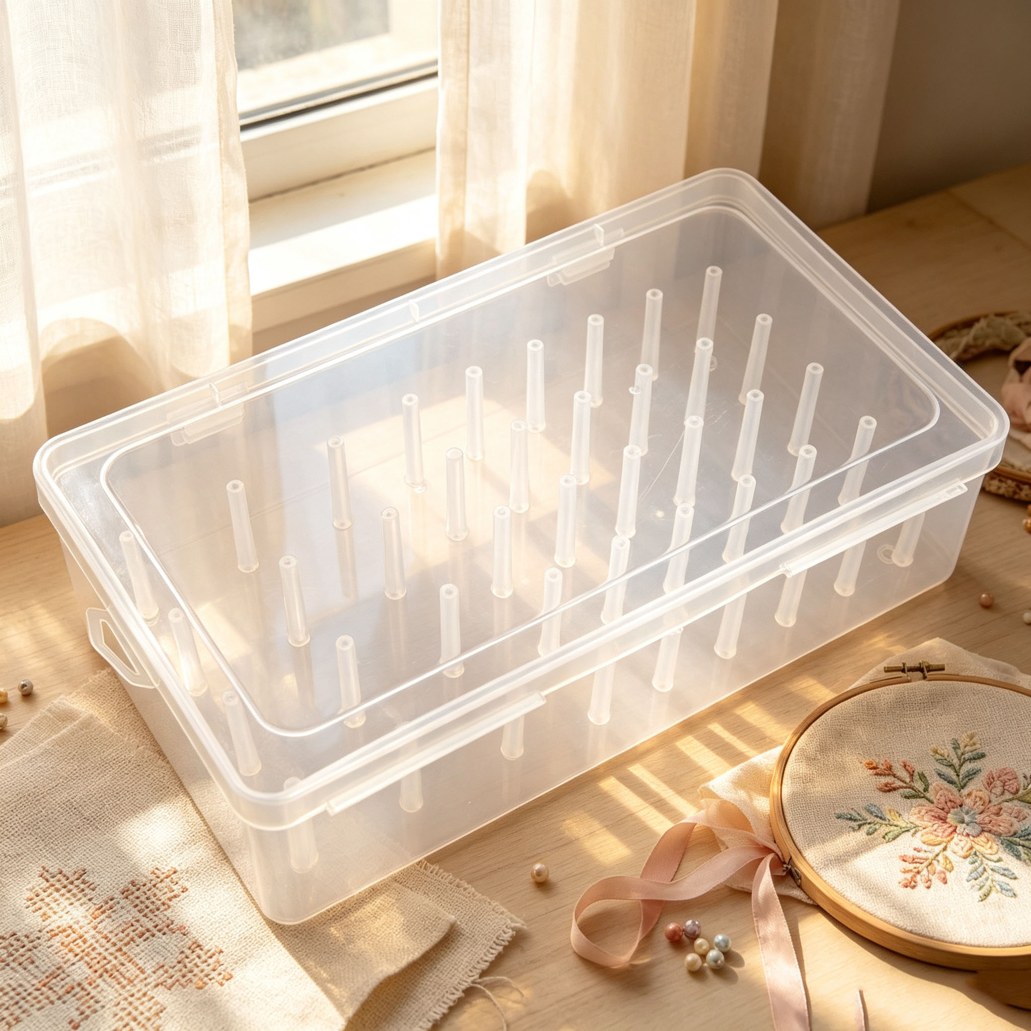 Embroidery Floss Thread - Clear Plastic Thread Organizer Box, Multi-Peg